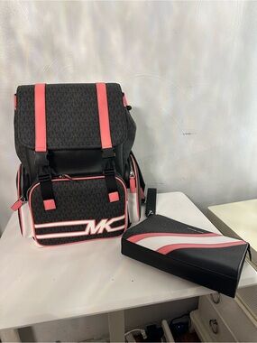 Michael Kors Black & Coral MK Monogram Backpack with Matching Pouch